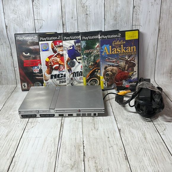 Sony Other - Sony PlayStation 2 PS2 Slim Silver Game Consoles SCPH-77001 Adaptor 5 Games